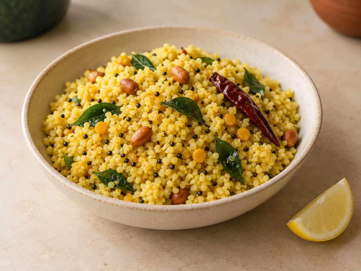 Lemon millet rice with peanuts and curry leaves