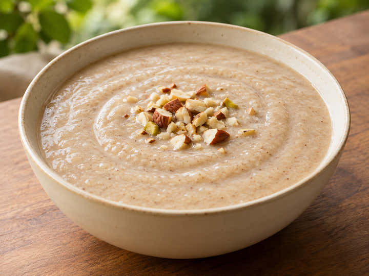 Smooth banana cardamom instant porridge with chopped nuts