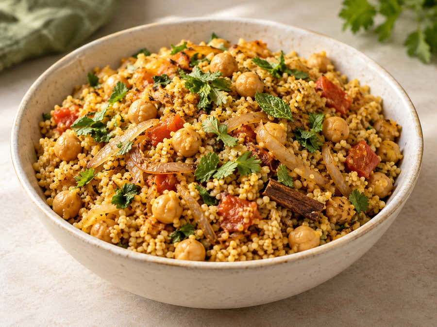 Chickpea Millet Biryani served in an ivory bowl