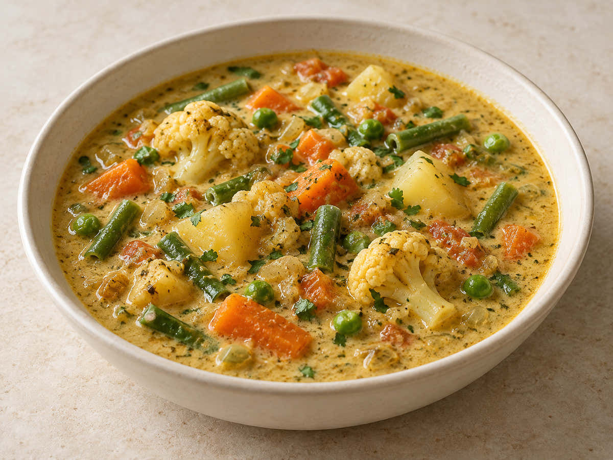 Mixed vegetables in a pale coconut kurma gravy