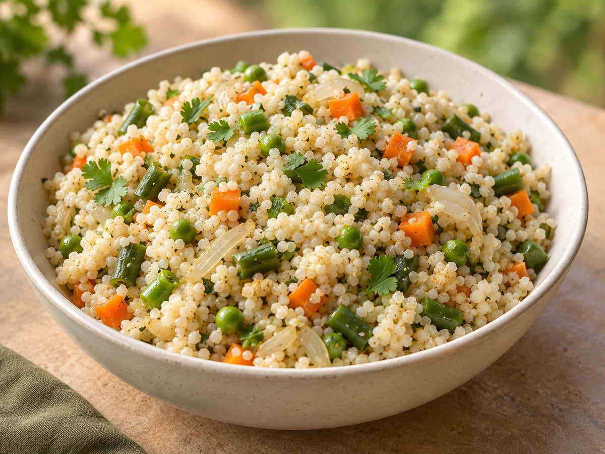 Coconut vegetable millet pulao with carrots beans and peas
