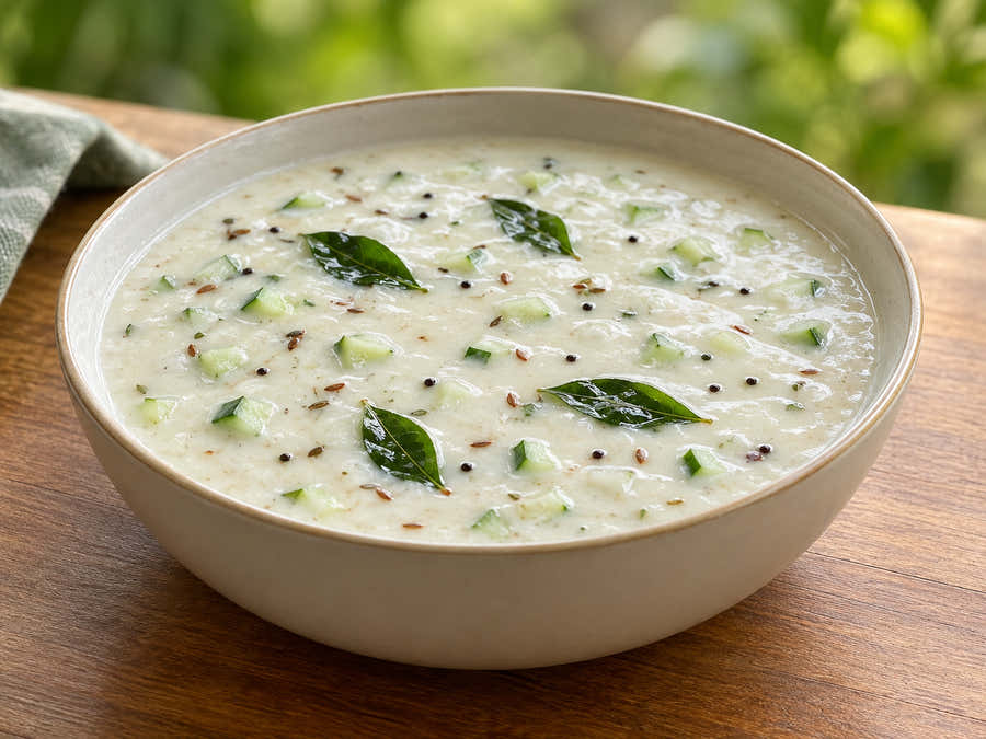Smooth savoury instant porridge with curd cucumber and curry leaves