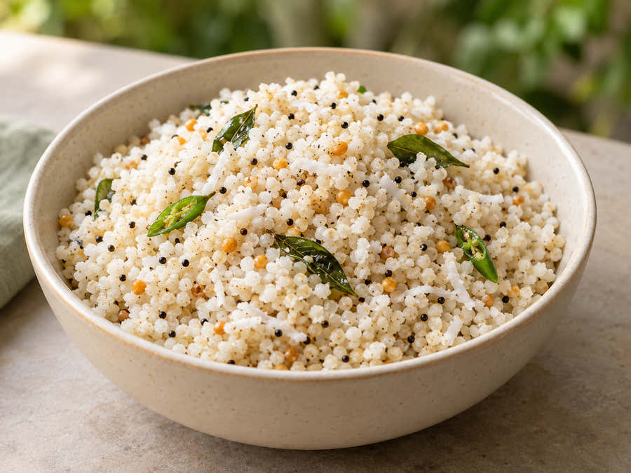Coconut millet rice with curry leaves and golden urad dal
