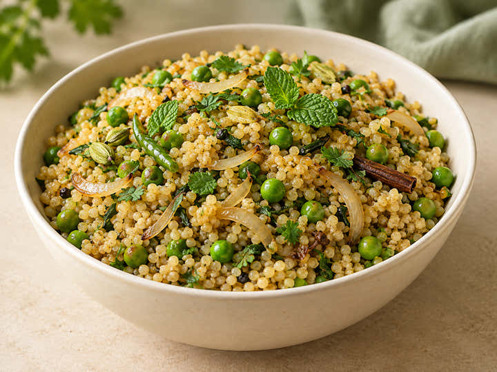 Mint and Peas Millet Kuska served in an ivory bowl