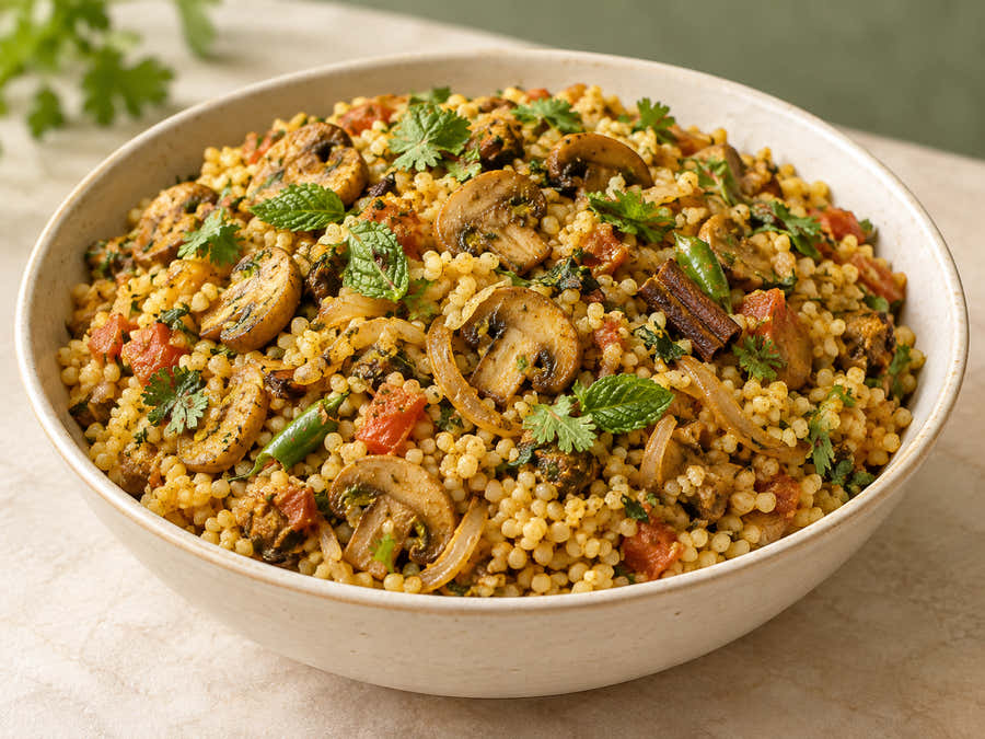 Mushroom Millet Biryani served in an ivory bowl