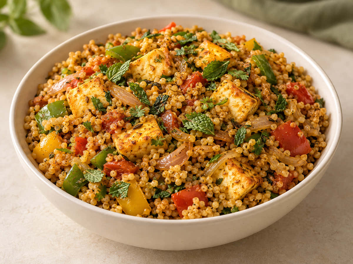 Paneer and Pepper Millet Biryani served in an ivory bowl