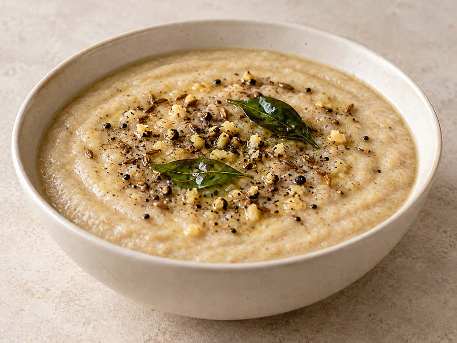 Pepper and Cumin Sprouted Porridge in an ivory bowl