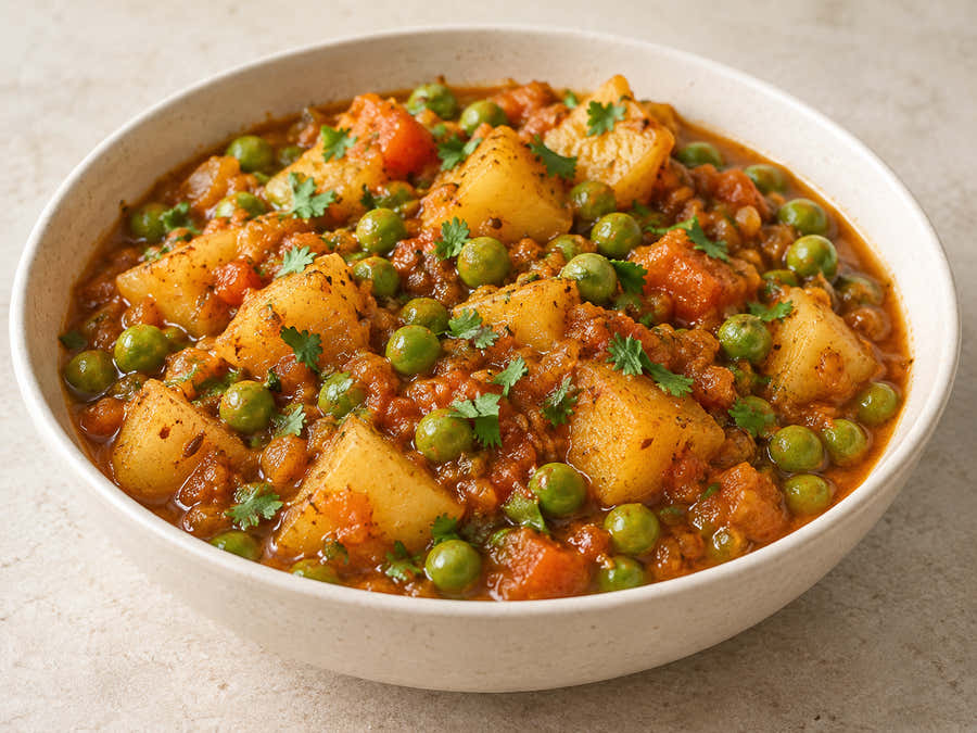 Potato cubes and green peas in tomato onion masala