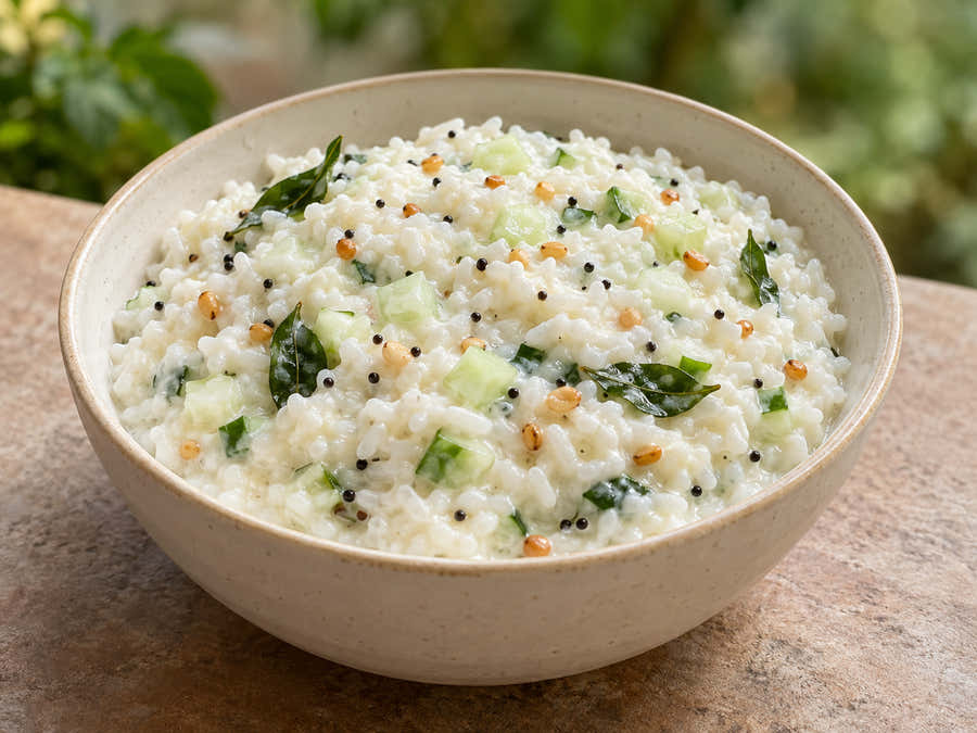 RNR curd rice with cucumber and curry leaf tempering