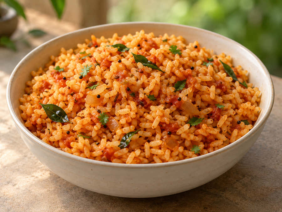 RNR tomato rice with curry leaves and coriander