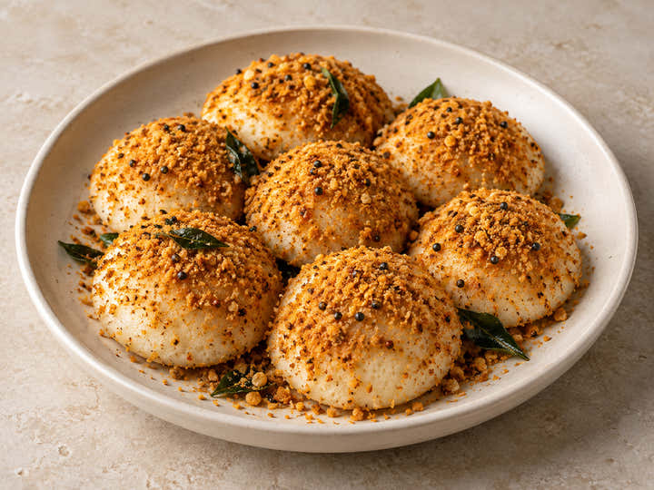 Small idlis coated with roasted dal podi and sesame oil