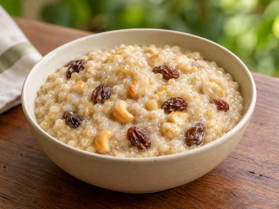 Soft sorghum milk porridge with cashews and raisins