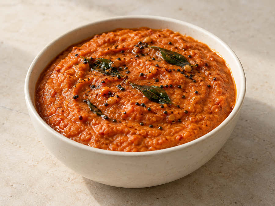 Tomato onion chutney with mustard and curry leaf tempering
