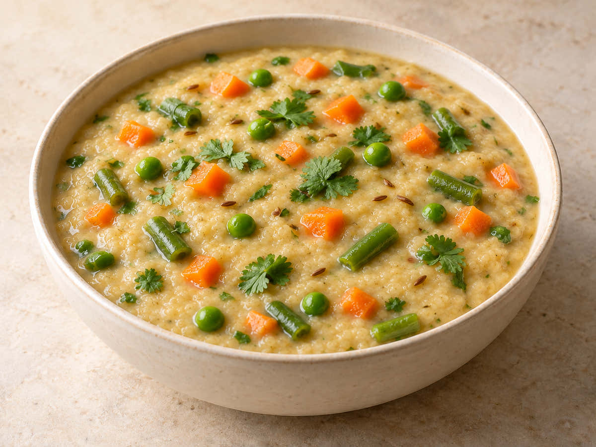 Vegetable Sprouted Porridge with Coconut Milk in an ivory bowl