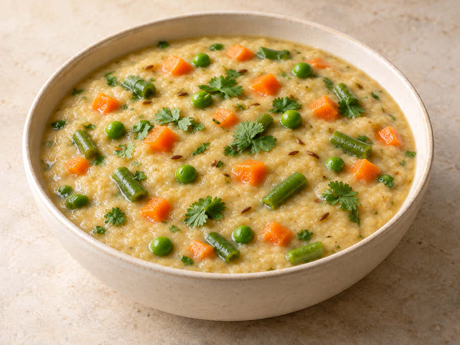 Vegetable Sprouted Porridge with Coconut Milk in an ivory bowl