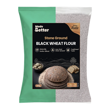 MadeBetter Black Wheat Atta — exact original 500 g pouch with transparent background