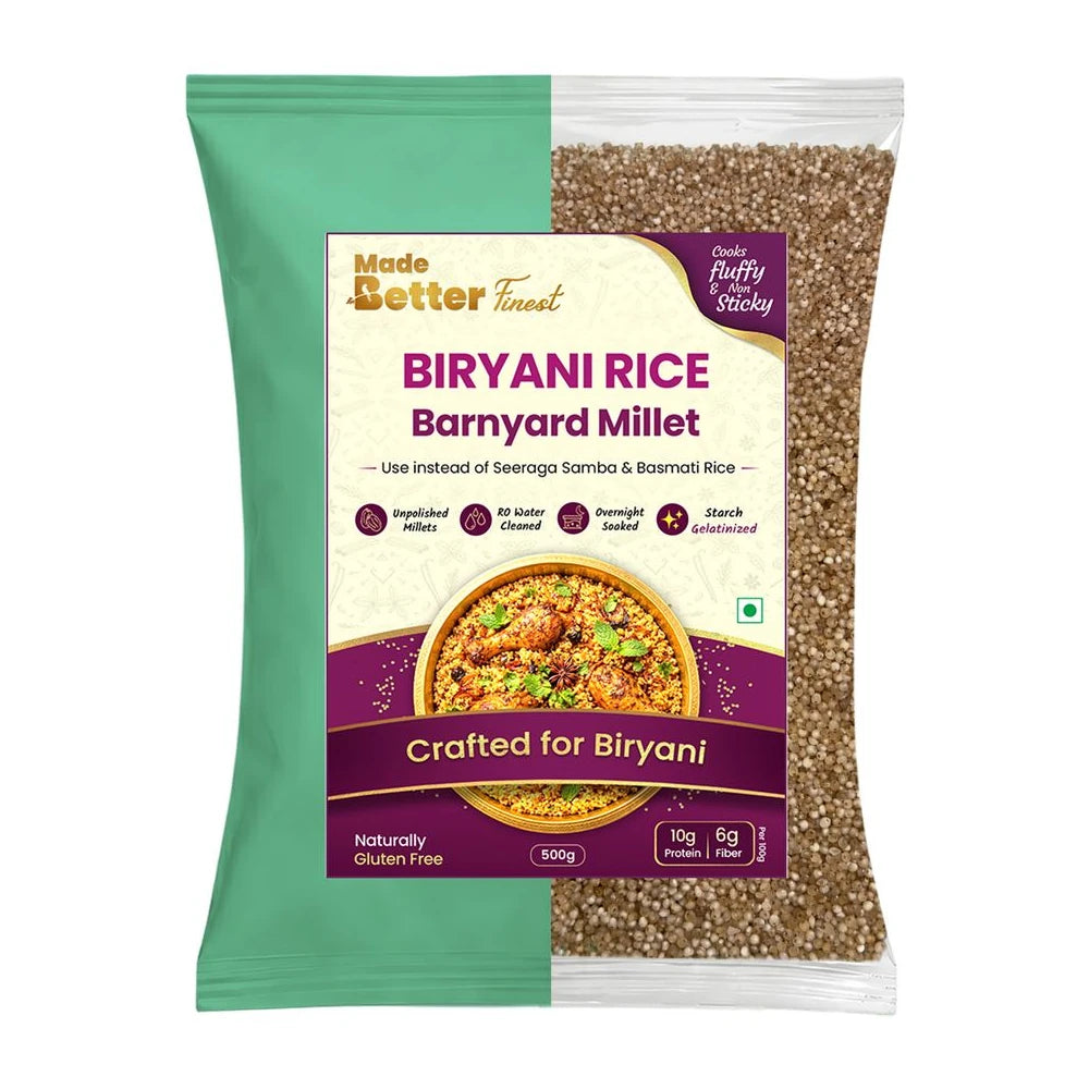 MadeBetter Barnyard Millet | Biriyani Millets — exact original 500 g front pouch, uniformly sized on white