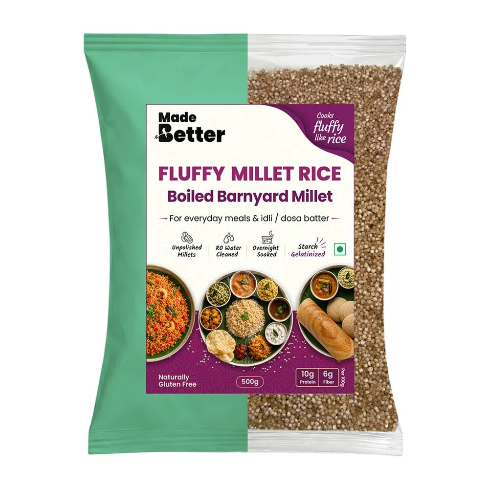 MadeBetter Barnyard Millet | Fluffy Millets — exact original 500 g front pouch, uniformly sized on white