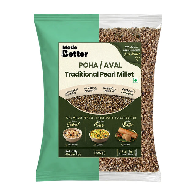 MadeBetter Traditional Pearl Millet Aval / Poha — exact original 500 g front pouch, uniformly sized on white