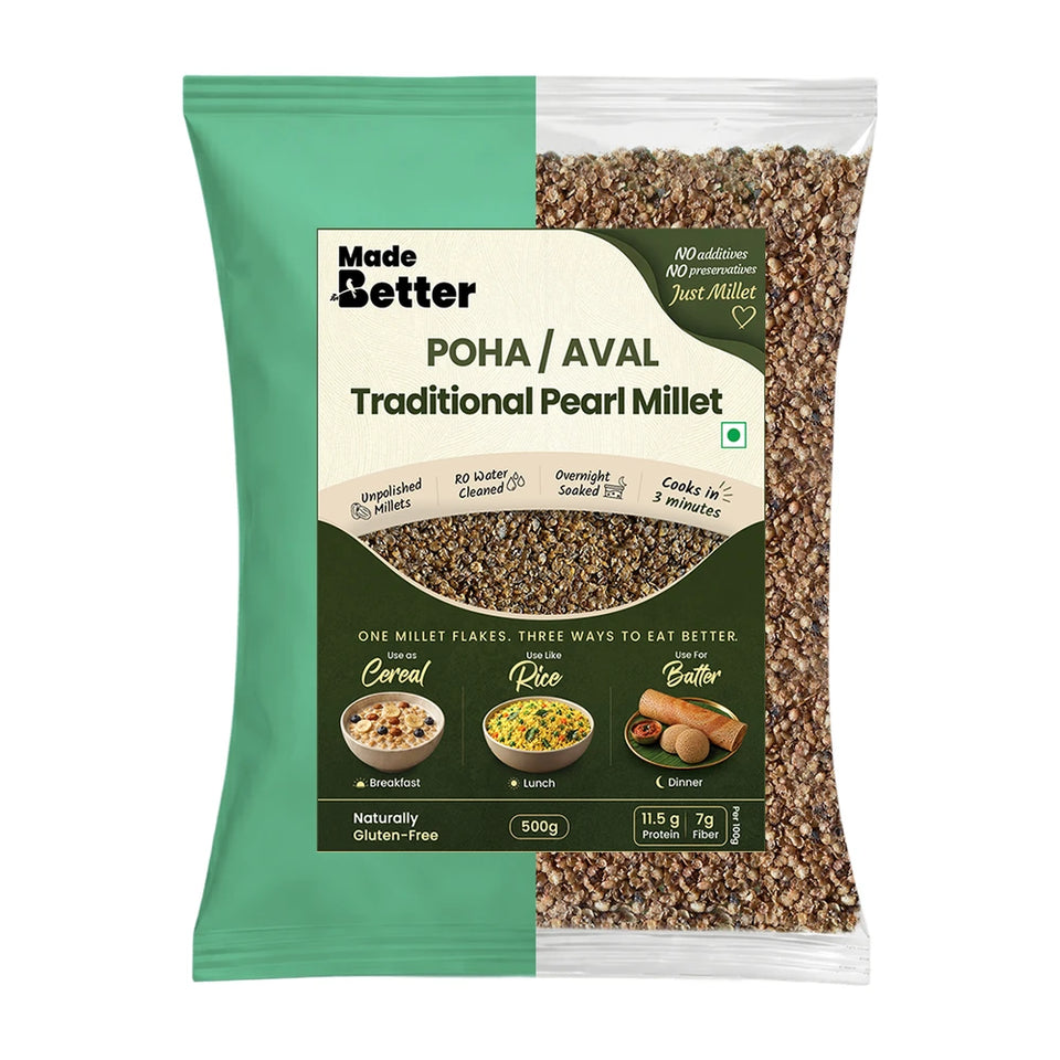 MadeBetter Traditional Pearl Millet Aval / Poha — exact original 500 g front pouch, uniformly sized on white