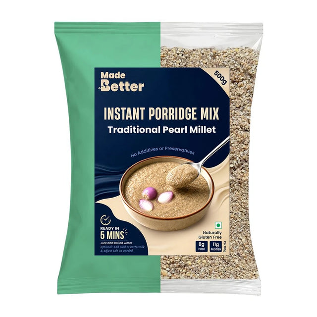 MadeBetter Instant Porridge - Traditional Pearl Millet — exact original 500 g front pouch, uniformly sized on white