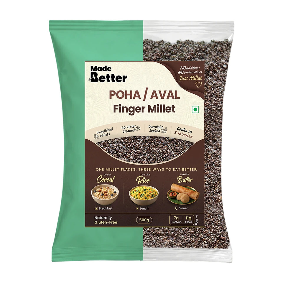 MadeBetter Finger Millet Aval / Poha — exact original 500 g front pouch, uniformly sized on white