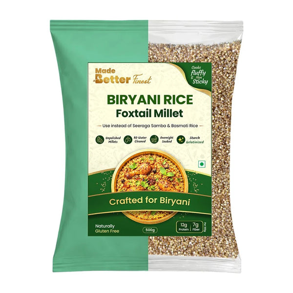 MadeBetter Foxtail Millet | Biriyani Millets — exact original 500 g front pouch, uniformly sized on white