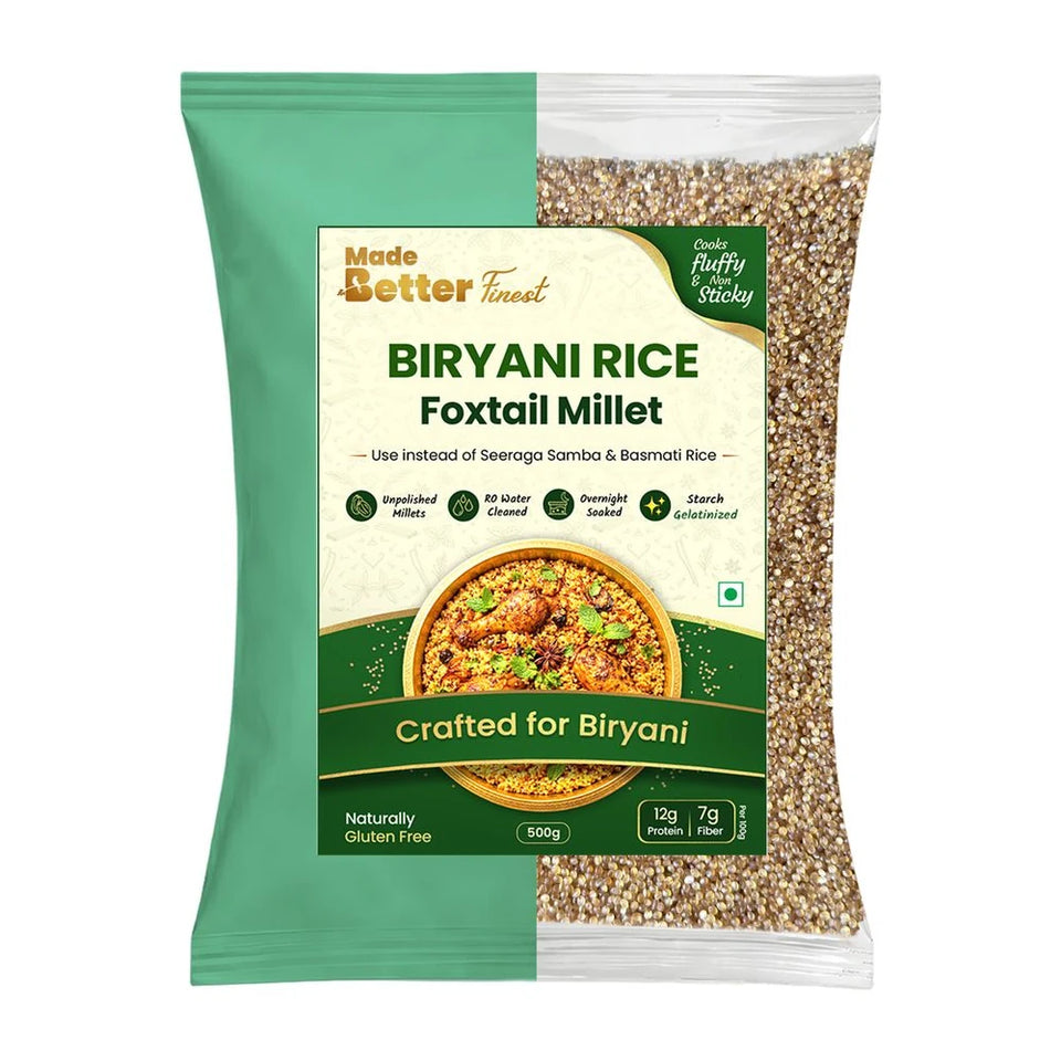 MadeBetter Foxtail Millet | Biriyani Millets — exact original 500 g front pouch, uniformly sized on white