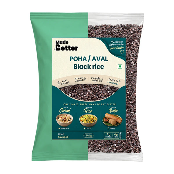 MadeBetter Karuppu Kavuni Rice Aval / Poha — exact original 500 g front pouch, uniformly sized on white