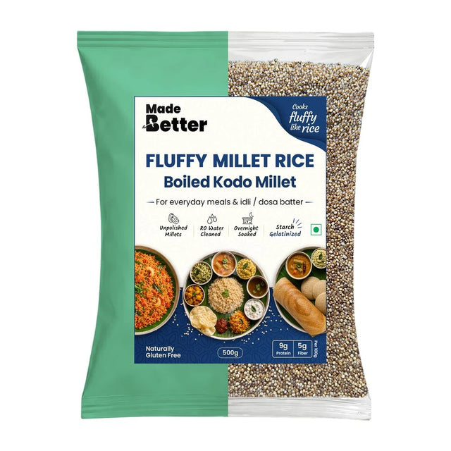 MadeBetter Kodo Millet | Fluffy Millets — exact original 500 g front pouch, uniformly sized on white