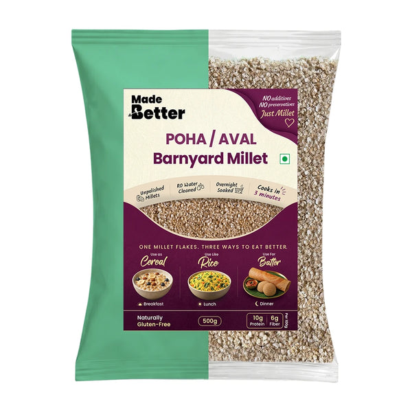 MadeBetter Barnyard Millet Aval / Poha | Use like rice | Quick Cook — exact original 500 g front pouch, uniformly sized on white