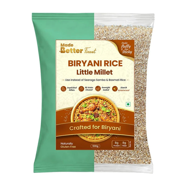MadeBetter Little Millet | Biriyani Millet — exact original 500 g front pouch, uniformly sized on white