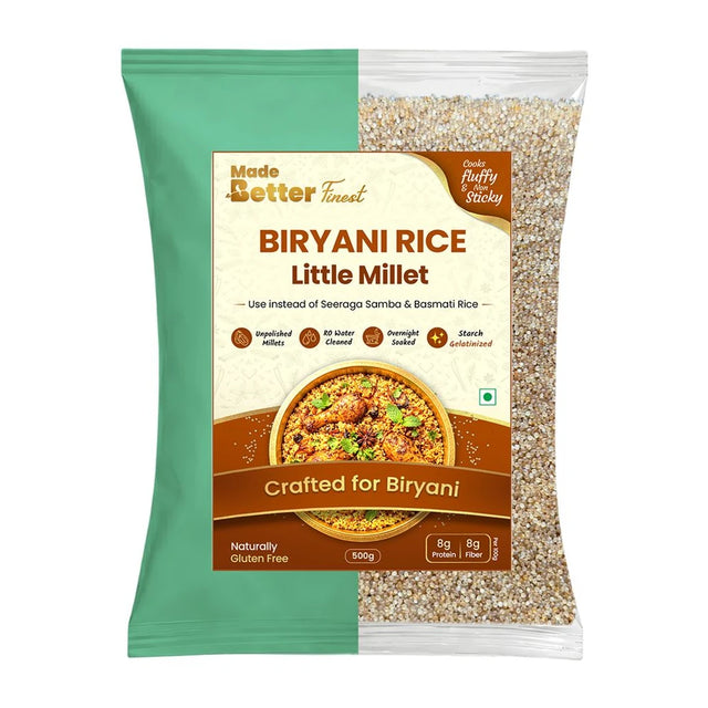MadeBetter Little Millet | Biriyani Millet — exact original 500 g front pouch, uniformly sized on white