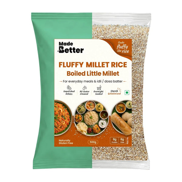 MadeBetter Little Millet | Fluffy Millets — exact original 500 g front pouch, uniformly sized on white