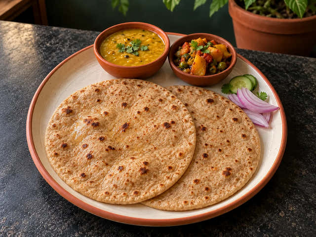 Two soft whole homemade chapatis with dal and curry — serving suggestion