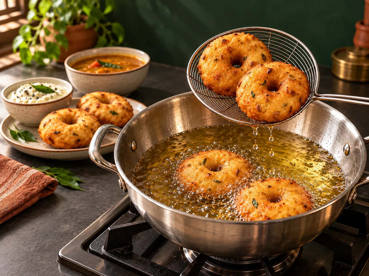 Golden medu vada lifted from cold-pressed oil in a modern South Indian kitchen