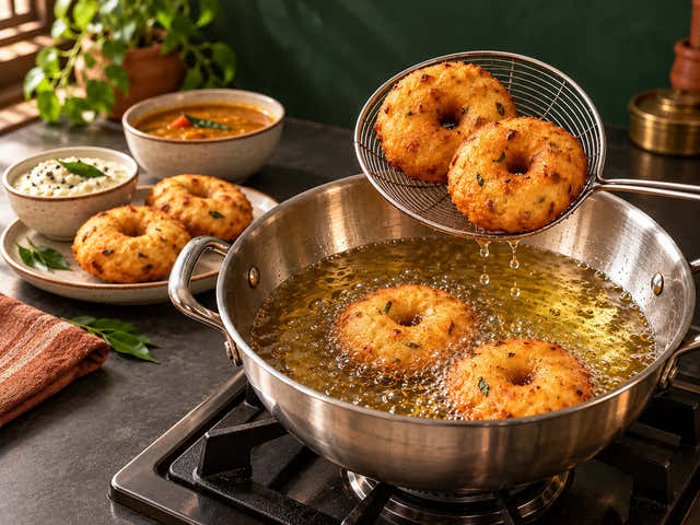 Golden medu vada lifted from cold-pressed oil in a modern South Indian kitchen
