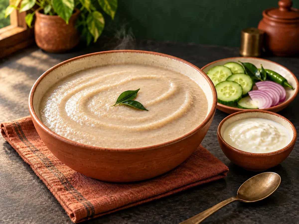 Smooth creamy millet porridge in terracotta pottery with curd and vegetables — serving suggestion