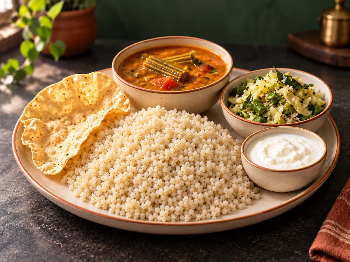 Fine fluffy cooked millet with sambar, poriyal and curd on a charcoal counter
