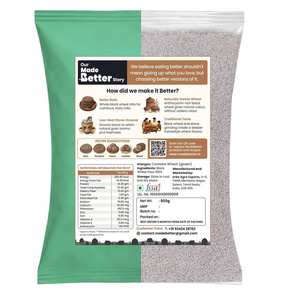 MadeBetter Black Wheat Atta back label with ingredients, nutrition and FSSAI licence