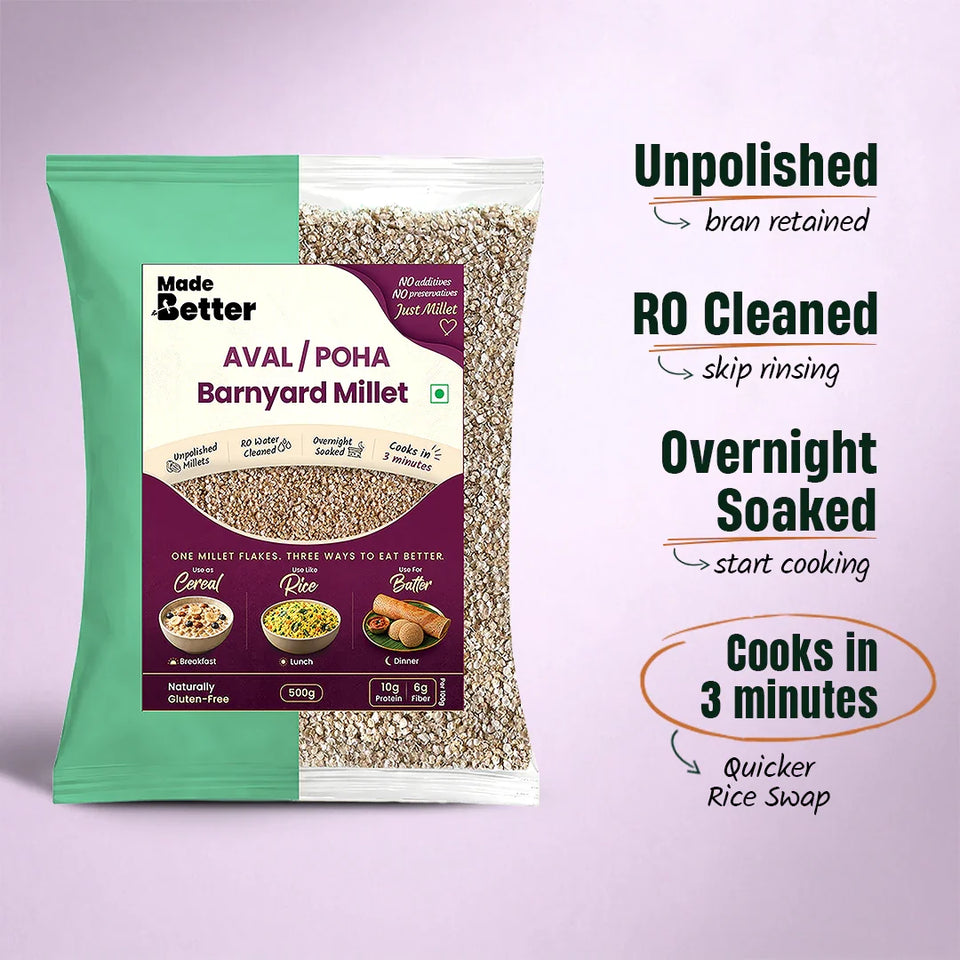 MadeBetter Barnyard Millet Aval / Poha — process panel