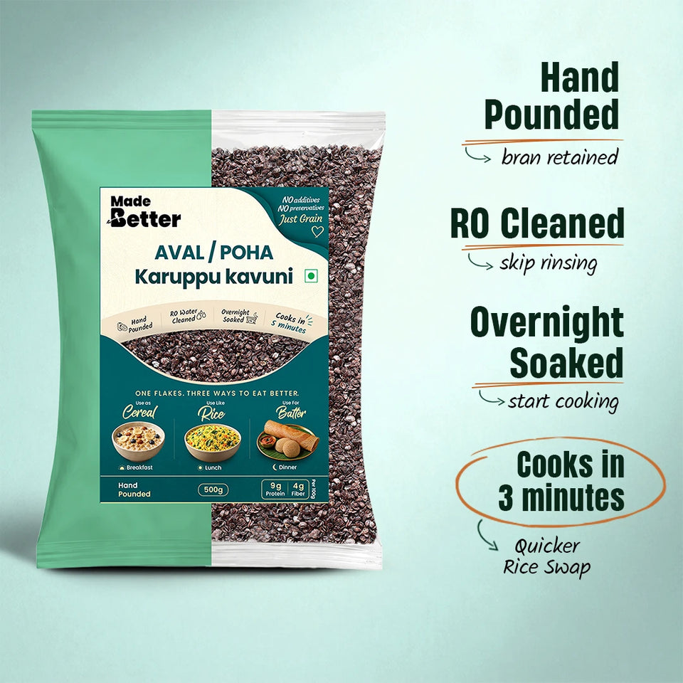 MadeBetter Black Rice Karuppu Kavuni Aval / Poha — process panel