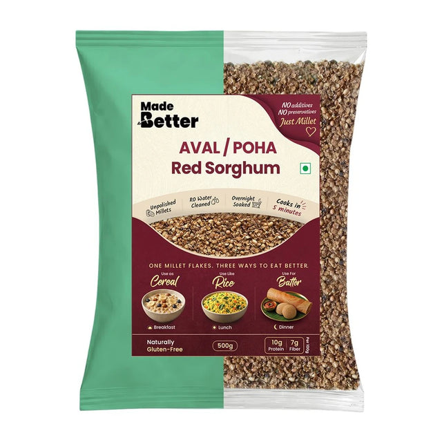 MadeBetter Red Sorghum Aval / Poha — exact original 500 g front pouch, uniformly sized on white