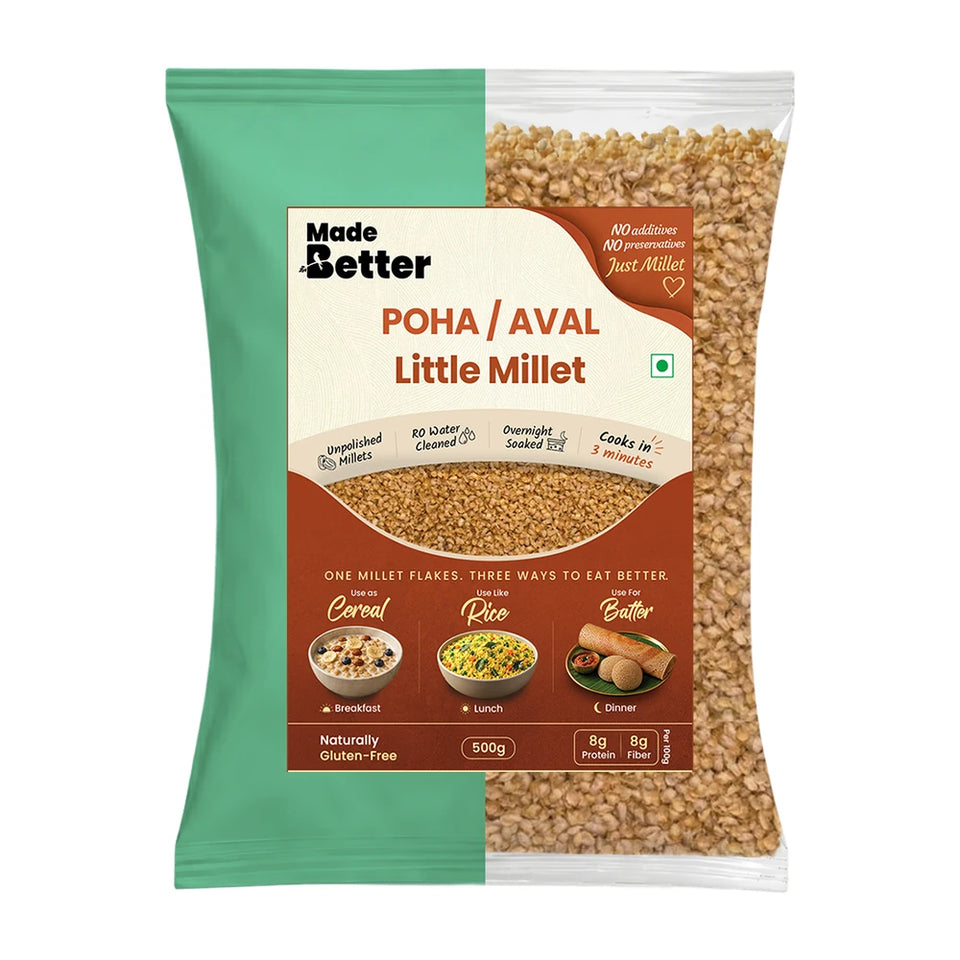 MadeBetter Little Millet Aval / Poha — exact original 500 g front pouch, uniformly sized on white