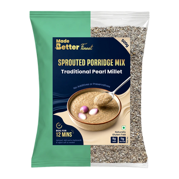 MadeBetter Sprouted Porridge — Traditional Pearl Millet — original 500 g pouch with transparent background
