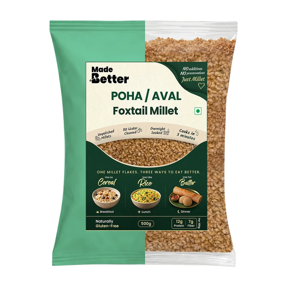 MadeBetter Foxtail Millet Aval / Poha — exact original 500 g front pouch, uniformly sized on white