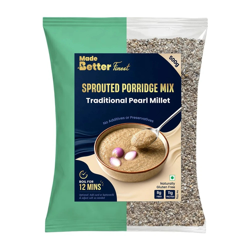 MadeBetter Sprouted Porridge - Traditional Pearl Millet — exact original 500 g front pouch, uniformly sized on white