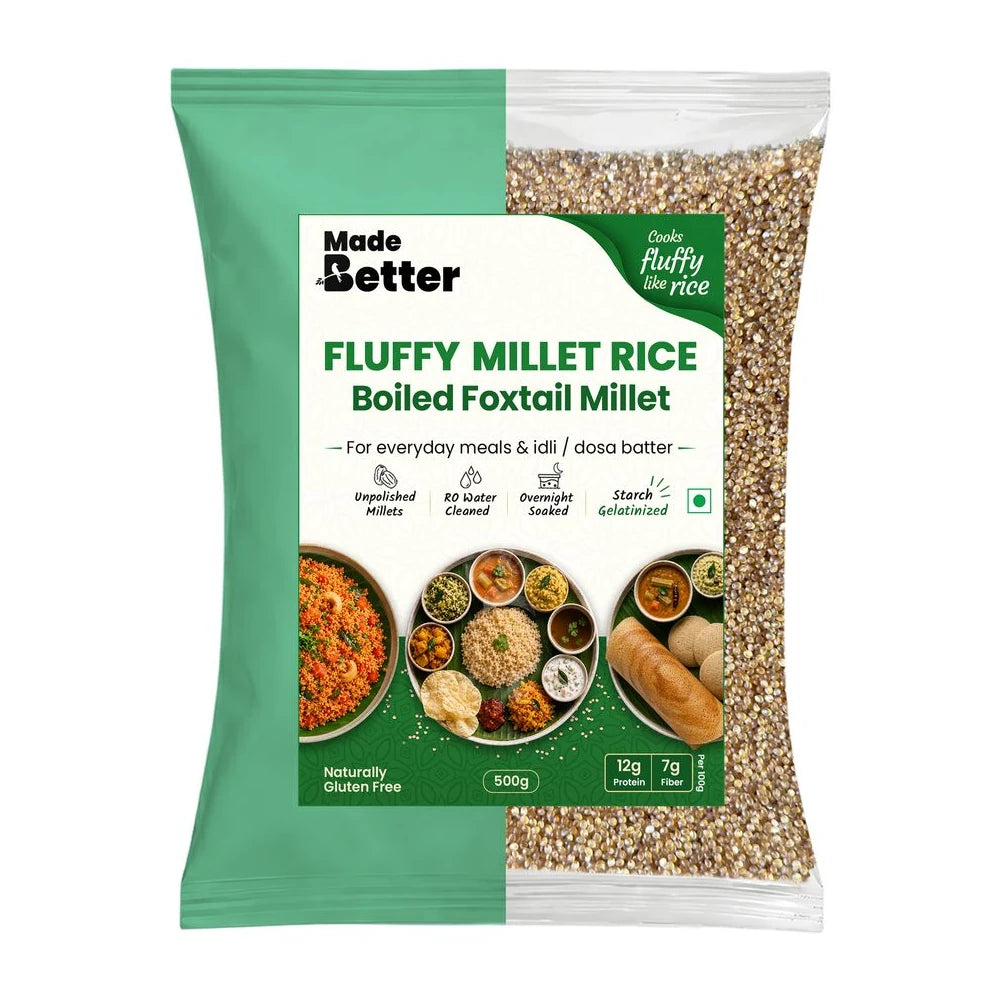 MadeBetter Foxtail Millet | Fluffy Millets — exact original 500 g front pouch, uniformly sized on white