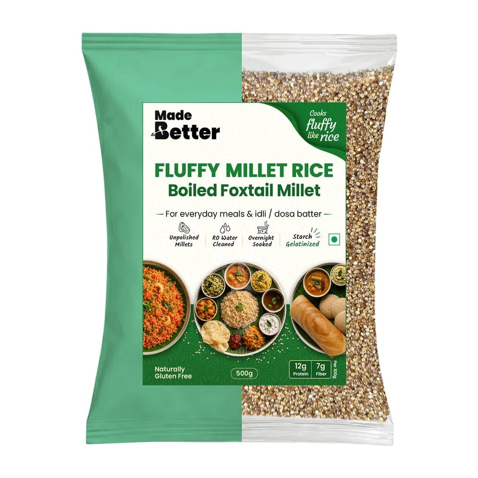 MadeBetter Foxtail Millet | Fluffy Millets — exact original 500 g front pouch, uniformly sized on white